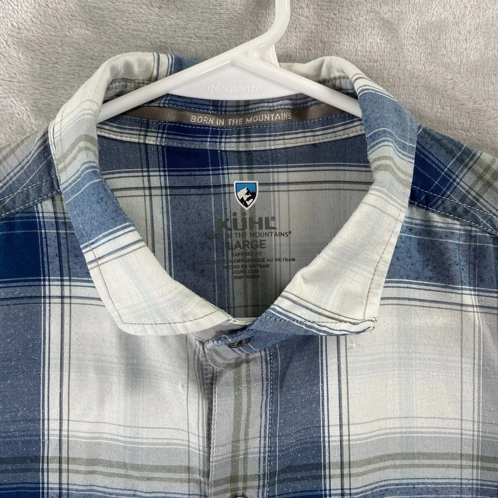 KUHL Shirt Mens Large Button Up STYK Tapered Fit Blue Plaid Short Sleeve Outdoor